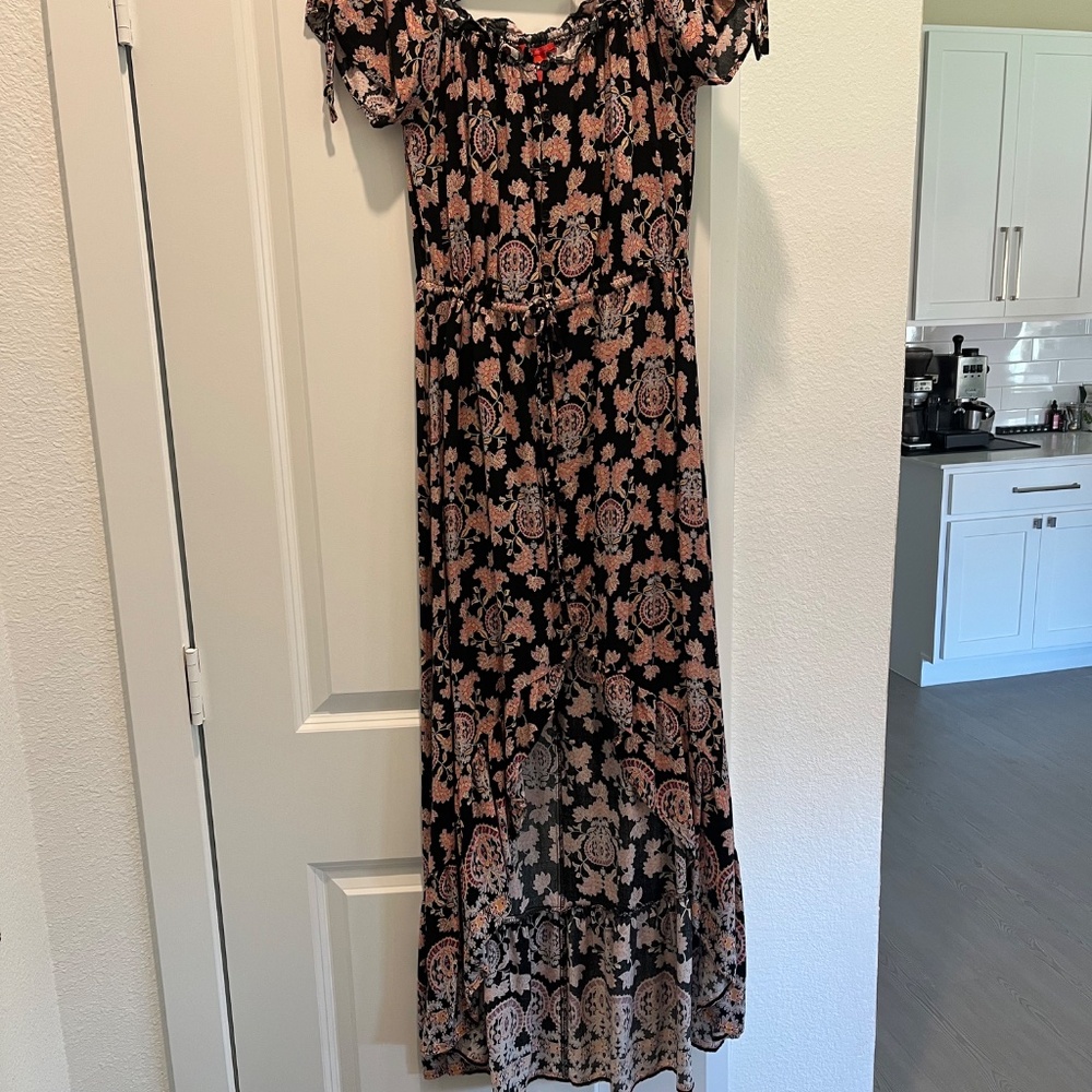 Floral Boho High Low Maxi Dress Black Pink Tie Waist Button Front Size M
